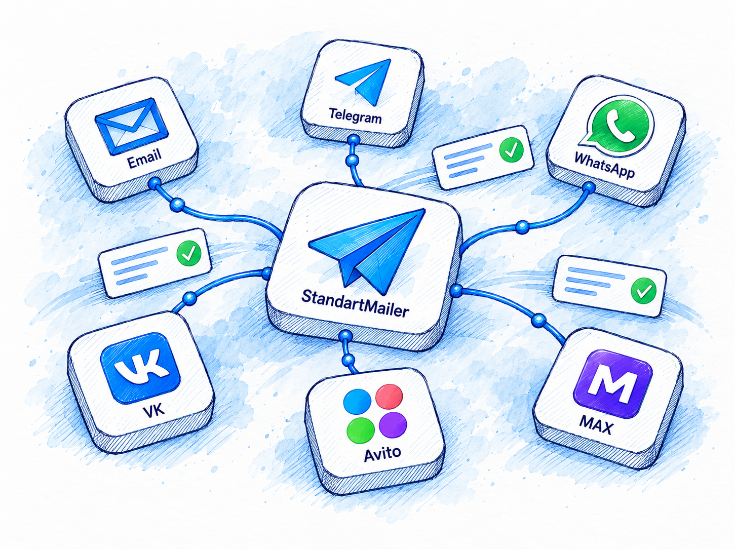 StandartMailer объединяет Email, Telegram, WhatsApp, VK, Avito и MAX